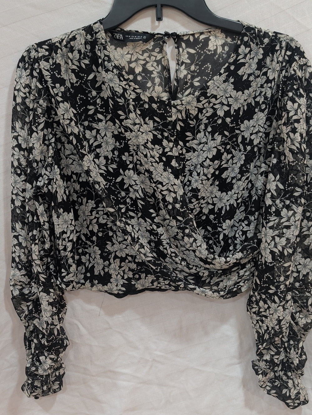Zara Black and White Floral Wrap Blouse
